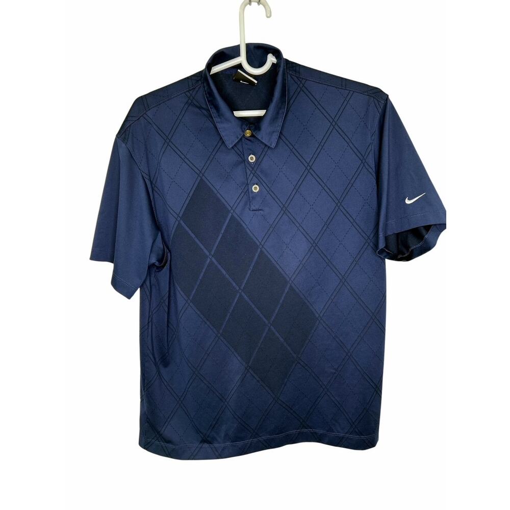 Nike Golf Dri-Fit Navy Blue Diamond Pattern 3 Button Polo Shirt Large